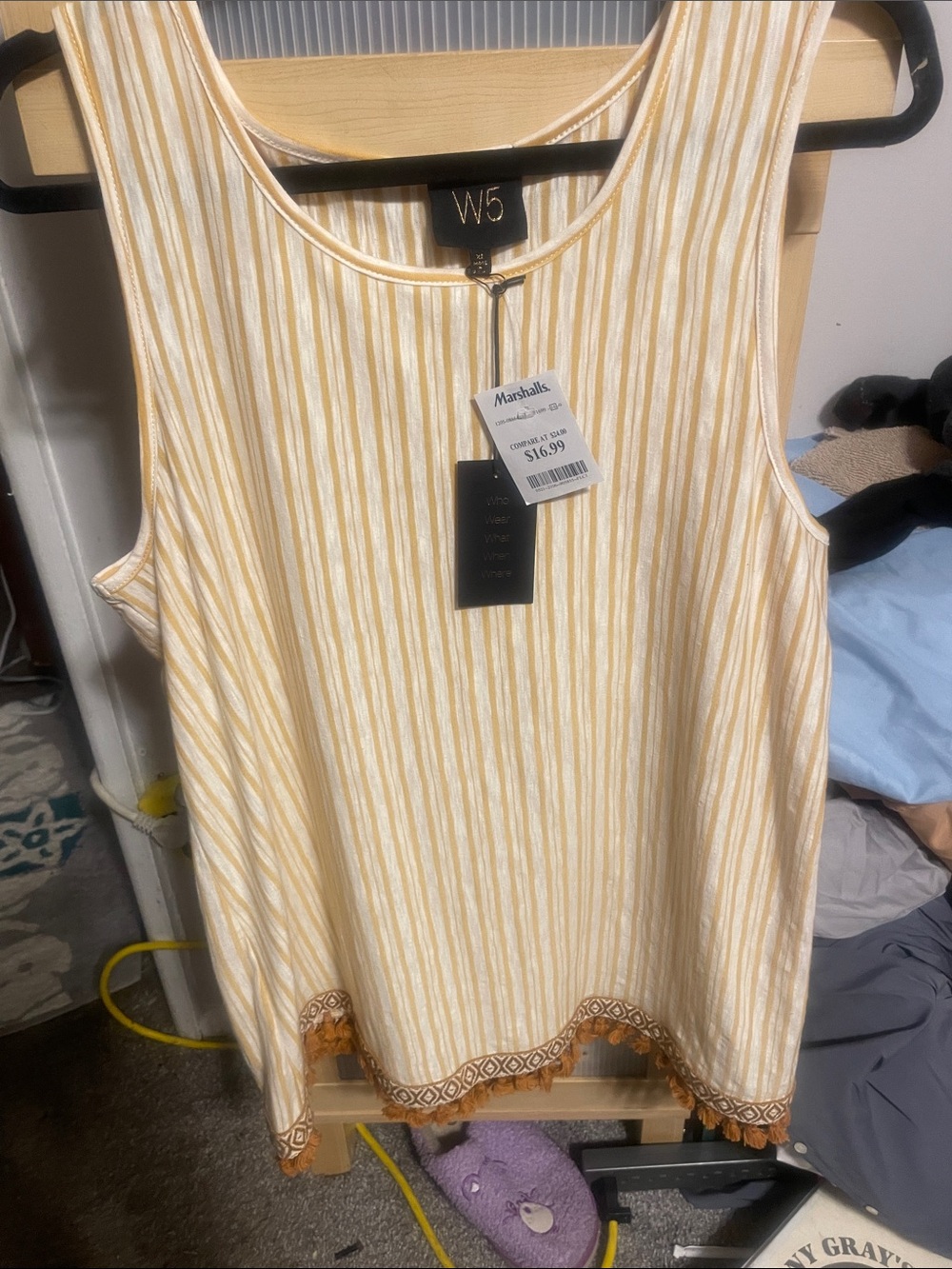 W5 Cream and Mustard Striped Sleeveless Tank with Embroidered Hem